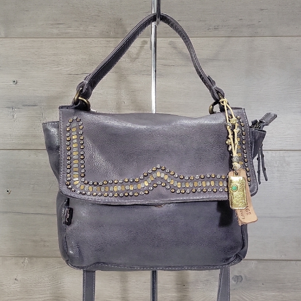 Art N Vintage Handcrafted Luxury Studded Gray Leather Flap Front Shoulder Bag